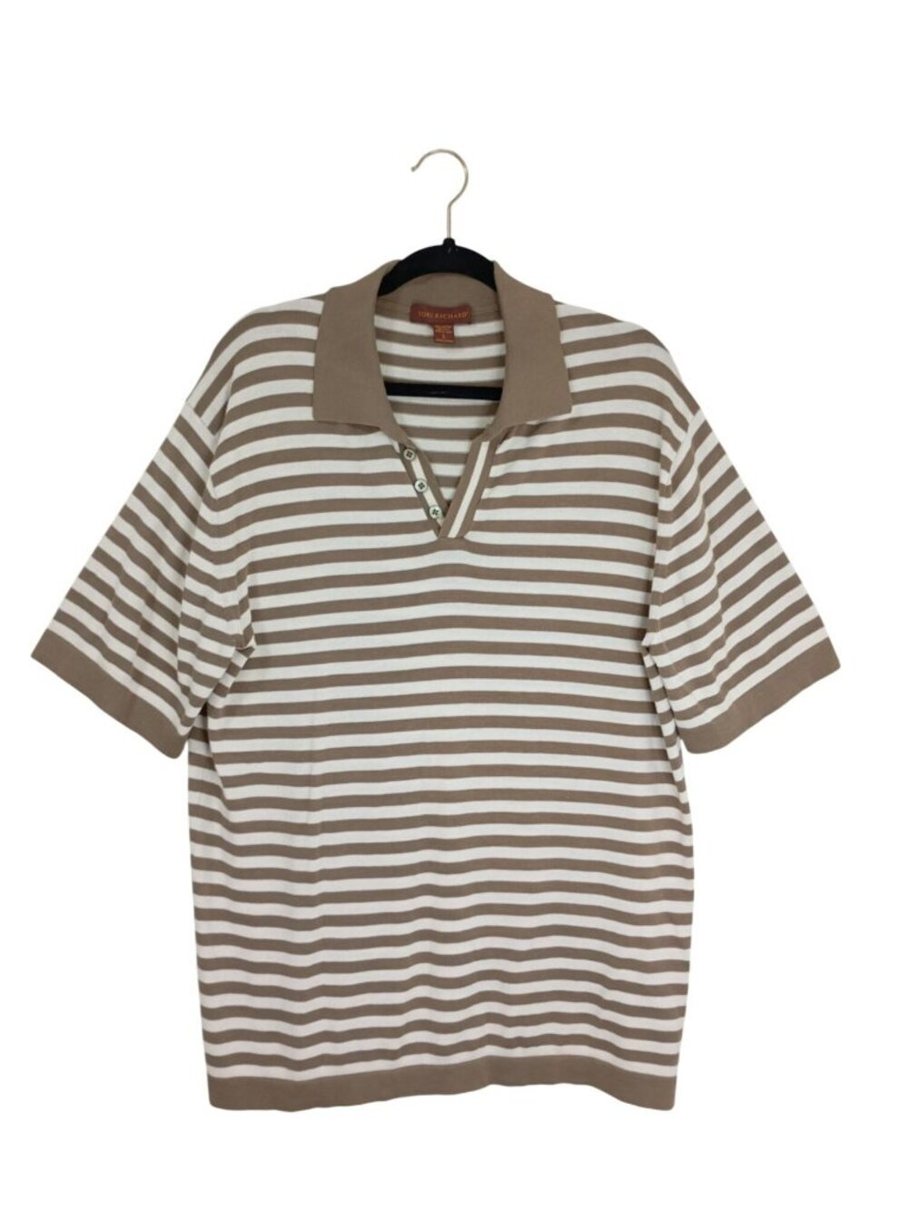 Tori Richard Mens Brown & White Striped Short Sleeve Polo Shirt Size L 100% Cott